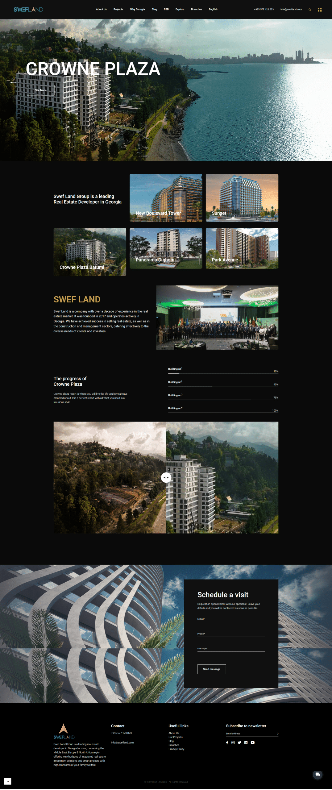 CROWNE PLAZA website design with black background showcasing luxury buildings and real estate